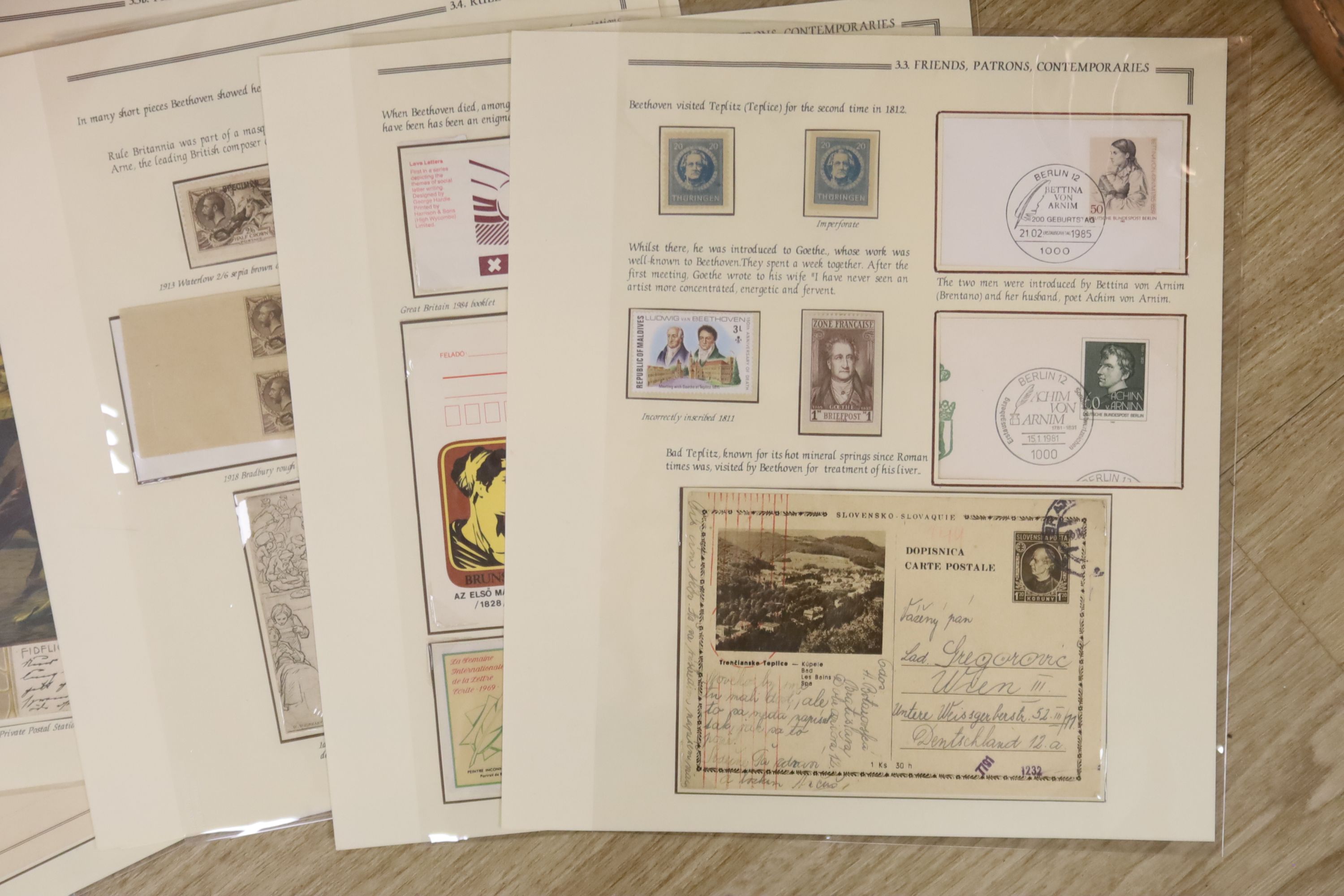 Various stamps in folders, stock books with Great Britain 1840 1d Mulready used, 1913 seahorse 2sh.6.d specimen, various themes with Diana, Music – Beethoven, Flowers, F.D.covers, booklet panes etc. 2 boxes